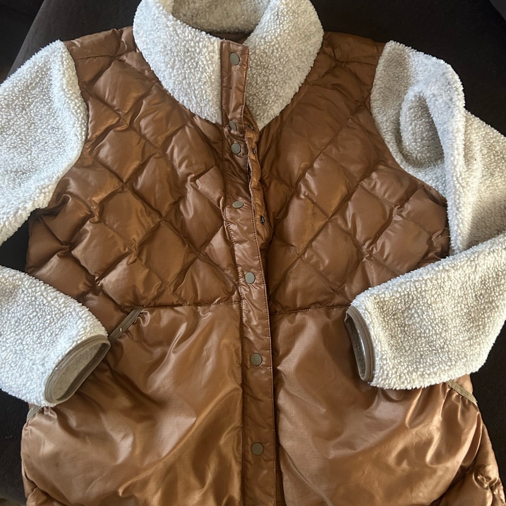REI Cooperative Brown Quilted Vest with White Sherpa Large